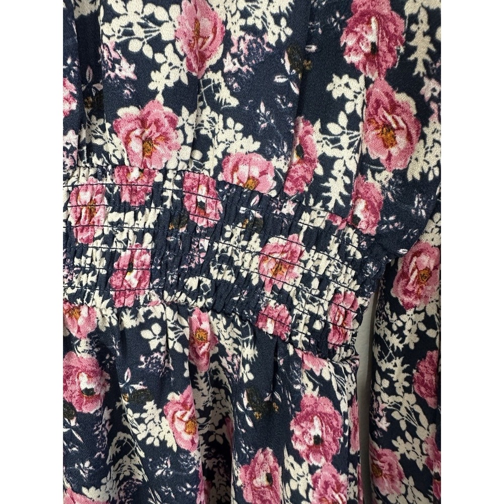 Altar'd State Floral Dress Womens Large Navy Pink Bell Sleeve Smocked Lace Boho - Picture 6 of 10